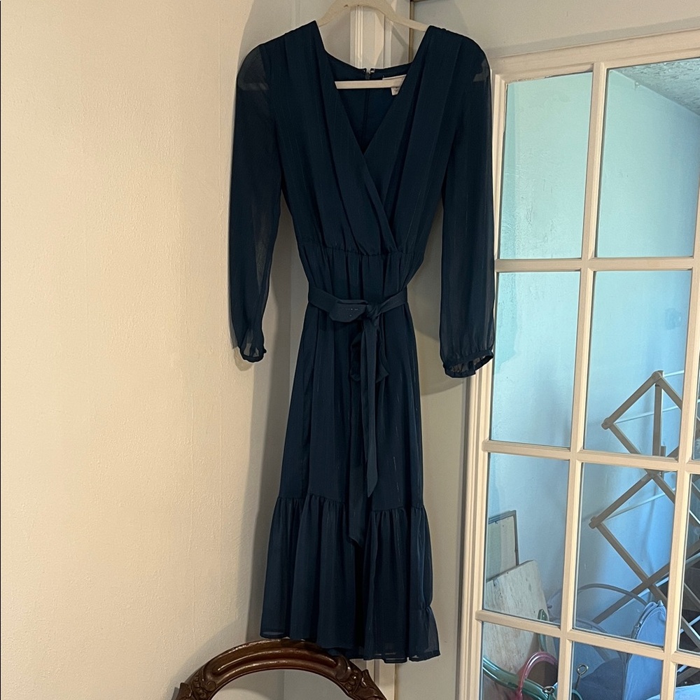 Navy Point Sur Long Sleeve Wrap Midi Dress with Tie Waist